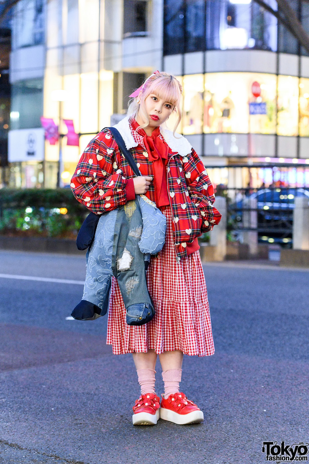 Red HEIHEI Streetwear Style w/ Ombre Pink Hair, Gingham Dress, Plaid & Heart Print Jacket, Denim Patchwork Bag & Tokyo Bopper Shoes