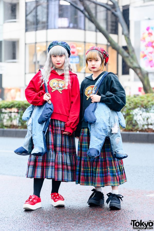 HEIHEI Harajuku Plaid Street Styles w/ Pastel Hair, Embroidered Sweaters, Plaid Skirts, HEIHEI x Okayama Denim Patchwork Bags & Tokyo Bopper Shoes