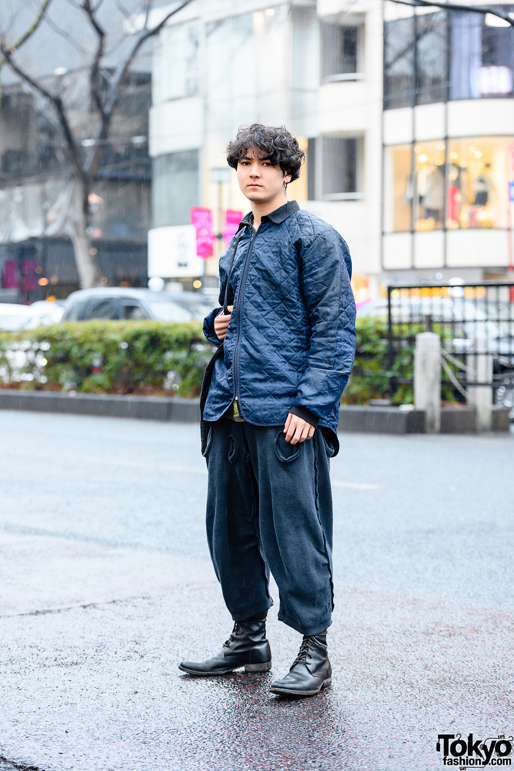 All Black Harajuku Street Style w/ Vintage Quilted Jacket, Christopher Nemeth Cutout Pants, Warp Tote & Leather Boots