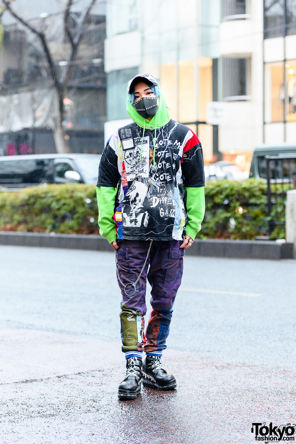 Cote Mer Tokyo Graphic Streetwear Style w/ Studded Face Mask, Graphic Shirt, M&Ms Hoodie, Color Camo Pants & Platform Boots