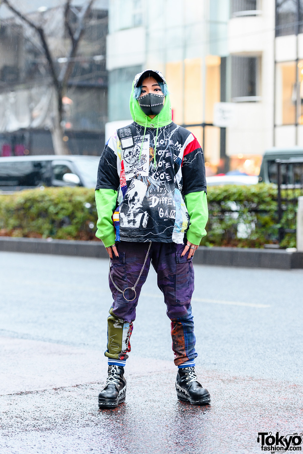 Cote Mer Tokyo Graphic Streetwear Style w/ Studded Face Mask, Graphic Shirt, M&Ms Hoodie, Color Camo Pants & Platform Boots Tokyo Fashion