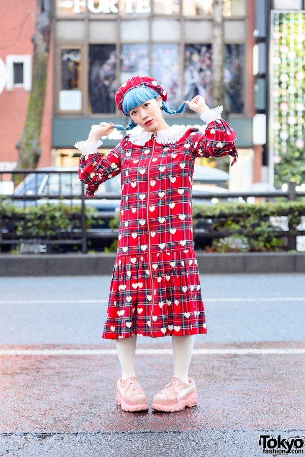 Tempura Kidz Karin in Kawaii HEIHEI Harajuku Fashion w/ Blue Twin Braids, Plaid Beret, Heart Print Dress, Tights & Buffalo x Puma Sneakers