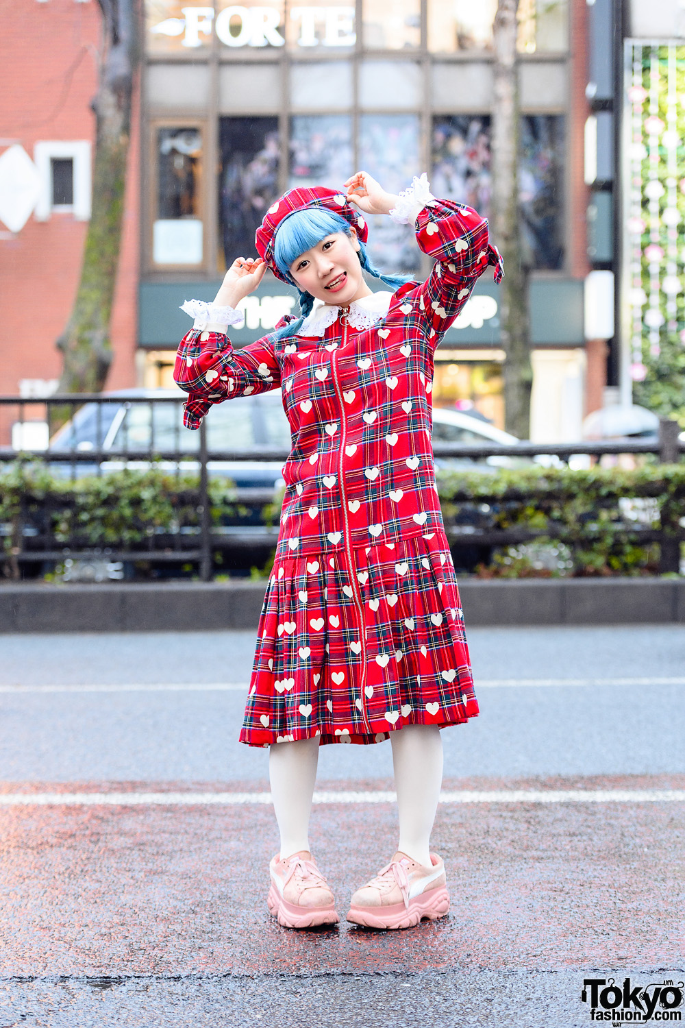 Tempura Kidz Karin in Kawaii HEIHEI Harajuku Fashion w/ Blue Twin Braids,  Plaid Beret, Heart Print Dress, Tights  Buffalo x Puma Sneakers – Tokyo  Fashion