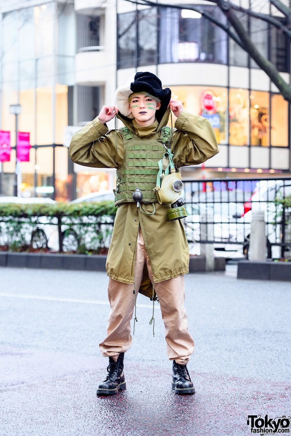 Harajuku Street Style w/ AnkoROCK Half-Color Furry Hat, Gas Mask, Vest, Alpha Industries Hoodie, Buzz Rickson's Khaki Pants & Dr. Martens Boots