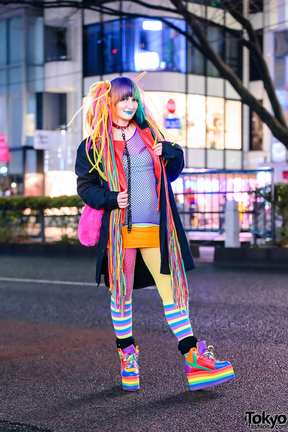 Rainbow Style in Harajuku w/ Handmade Hair Falls, Blue Lipstick, Volcan & Aphrodite, Kol Me Baby Cropped Jacket, WEGO Fishnets, Thank You Mart Furry Tote & YRU Platform Rainbow Sneakers