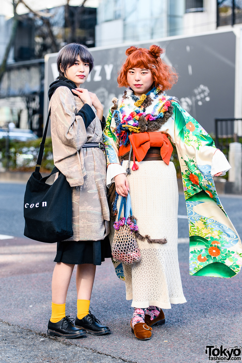Tokyo Kimono Mix Styles w/  Twin Buns, Short Bob, Uniqlo Hoodie Jacket, GU Skirt, Handmade Fashion, Coen Bag, Pointy Suede Loafers & Lace-Up Leather Shoes