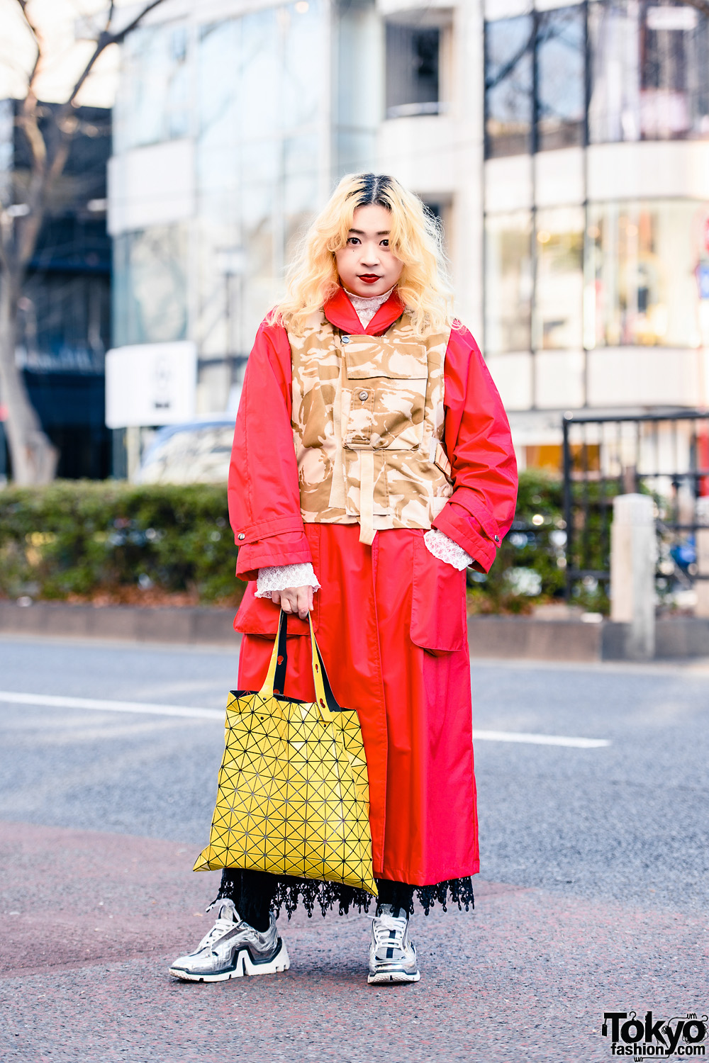 Harajuku Street Style w/ Camo Print Vest, Red Overcoat, Issey Miyake Bao Bao Tote & Pierre Hardy Chunky Sneakers