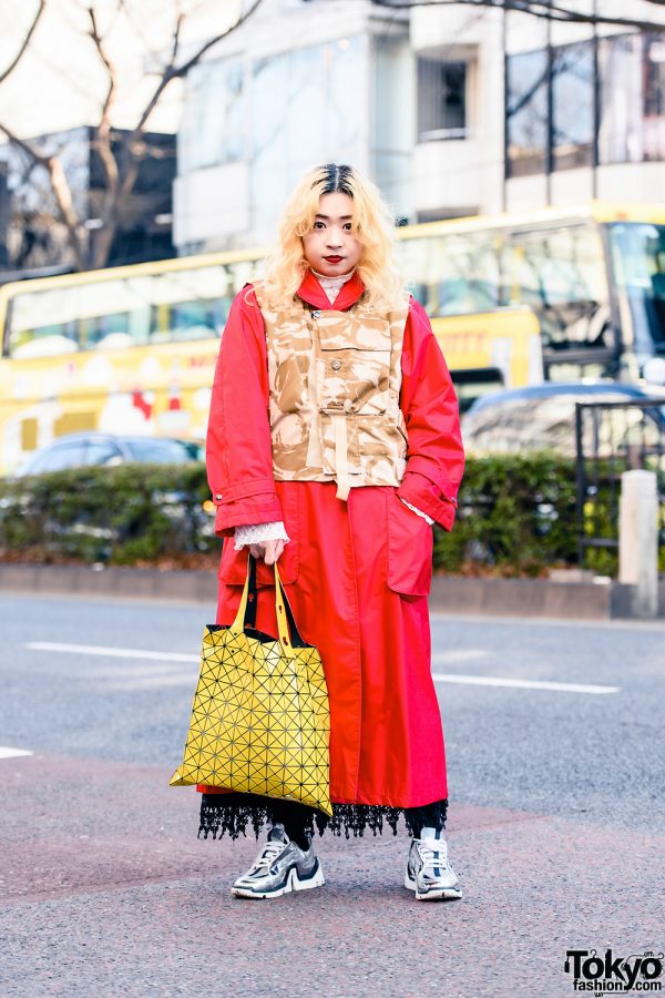 Harajuku Street Style w/ Camo Print Vest, Red Overcoat, Issey Miyake ...