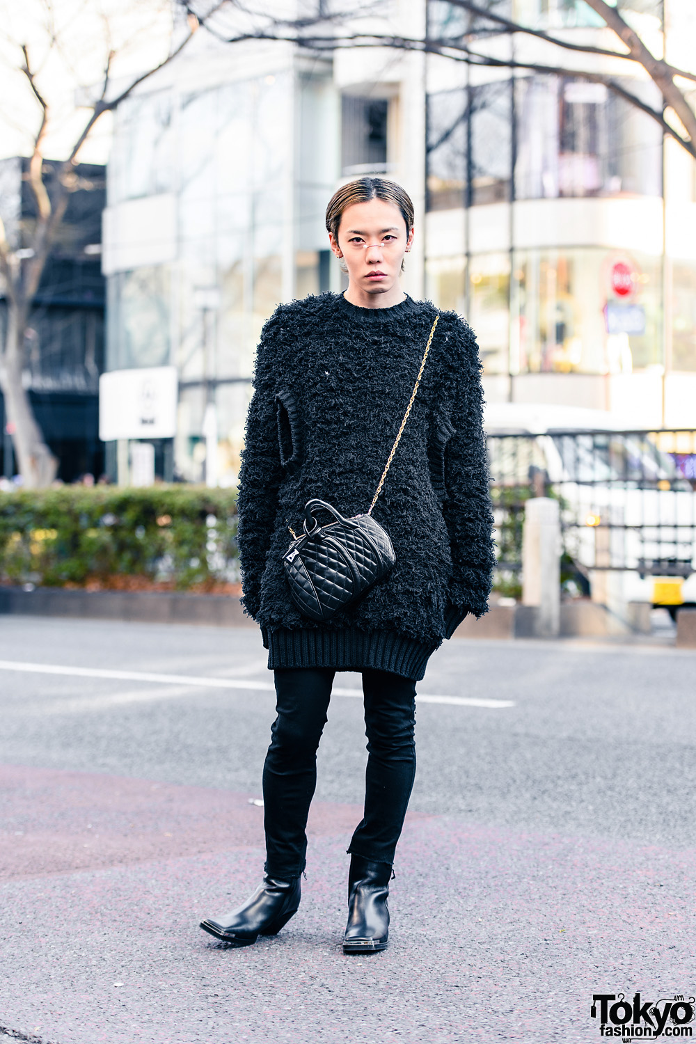 All Black Tokyo Style w/ Nose Jewelry, Cool Nail Art, John Lawrence Sullivan Mohair Sweater, Saint Laurent Paris, Anrealage & Acne Studios Square Toe Boots