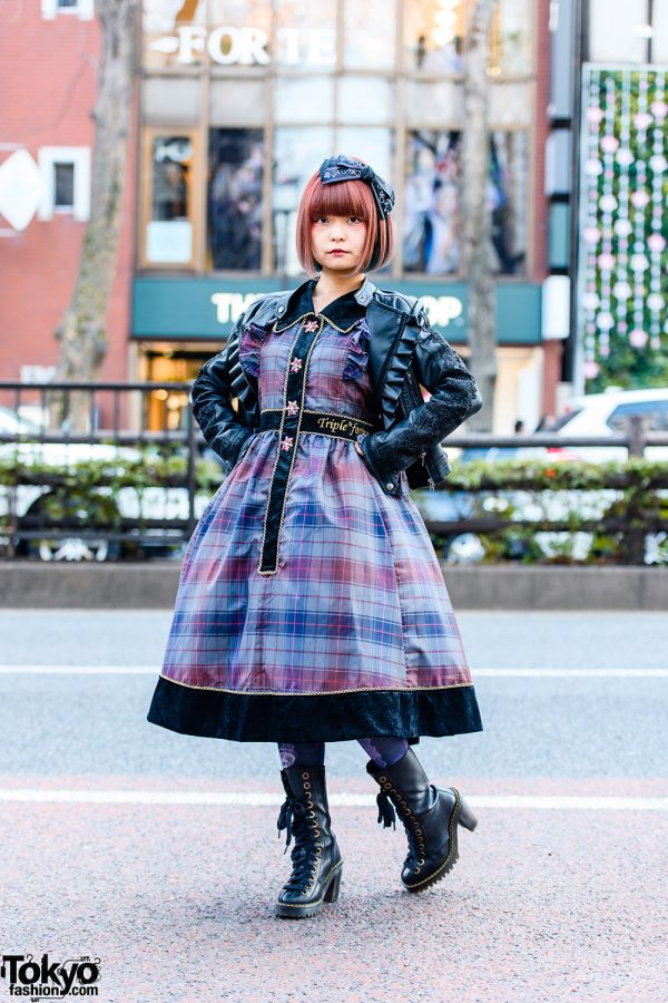 Japanese Lolita Streetwear in Harajuku w/ Bob Hairstyle, Bow Headband, MR Closet Ruffle Jacket, Triple Fortune Plaid Dress, Graphic Tights & Dr. Martens