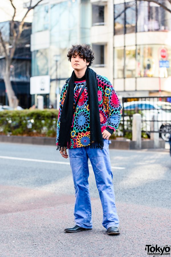 Harajuku Guy’s Streetwear Style w/ Judy Blame Safety Pin Earring, Vivienne Westwood Fringe Scarf, Aphex Twin Hoodie, Italian Handmade Sling Bag & Vintage Shoes