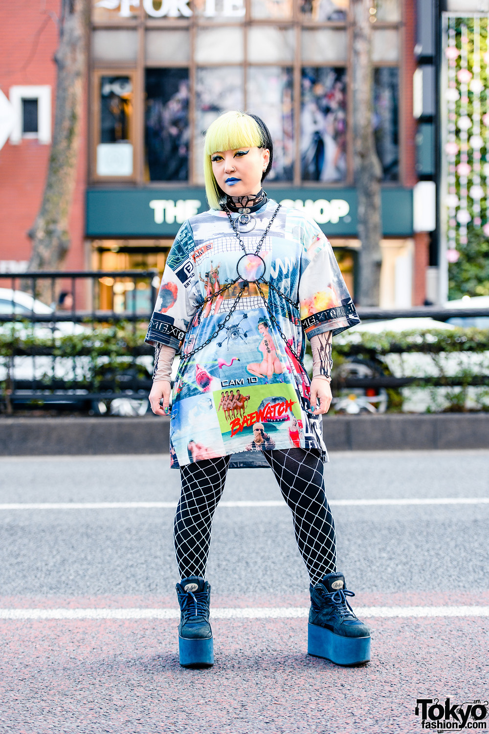 Tokyo Street Style w/ Half Color Asymmetrical Bob, Blue Lipstick, O-Ring Harness, Damage Shirt, Tribal Tattoo Print, Fishnet Tights & Buffalo Platform Sneakers