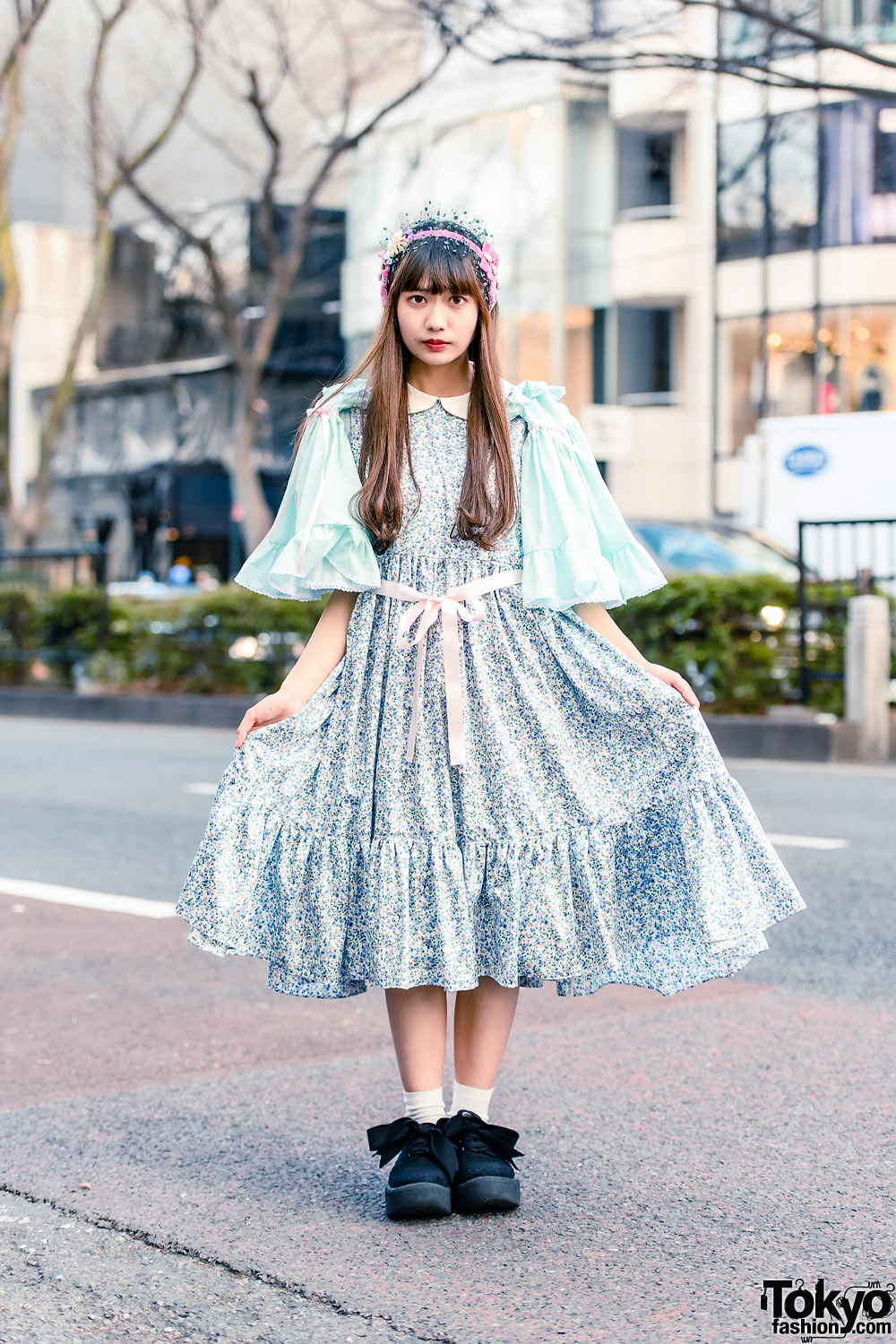 HEIHEI Pastel Streetwear Style w/ Veiled Headdress, Floral Print Dress & Tokyo Bopper Bow Shoes