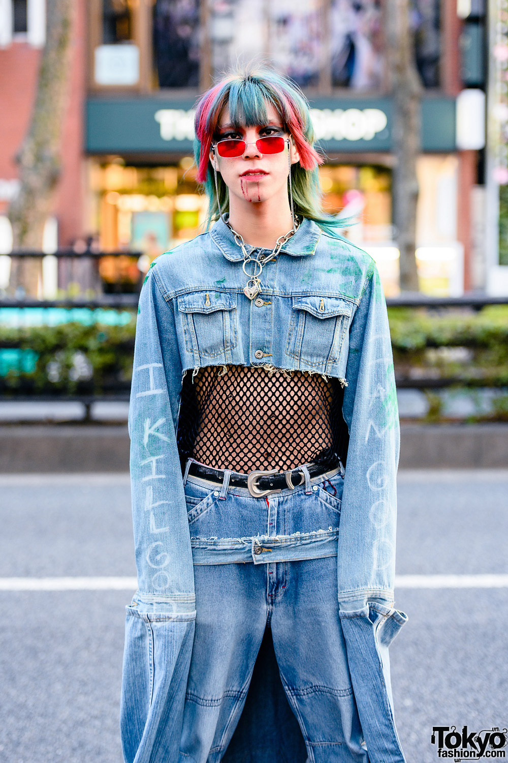 Shimamura Cropped Denim Jacket & Black Fishnet Top – Tokyo Fashion