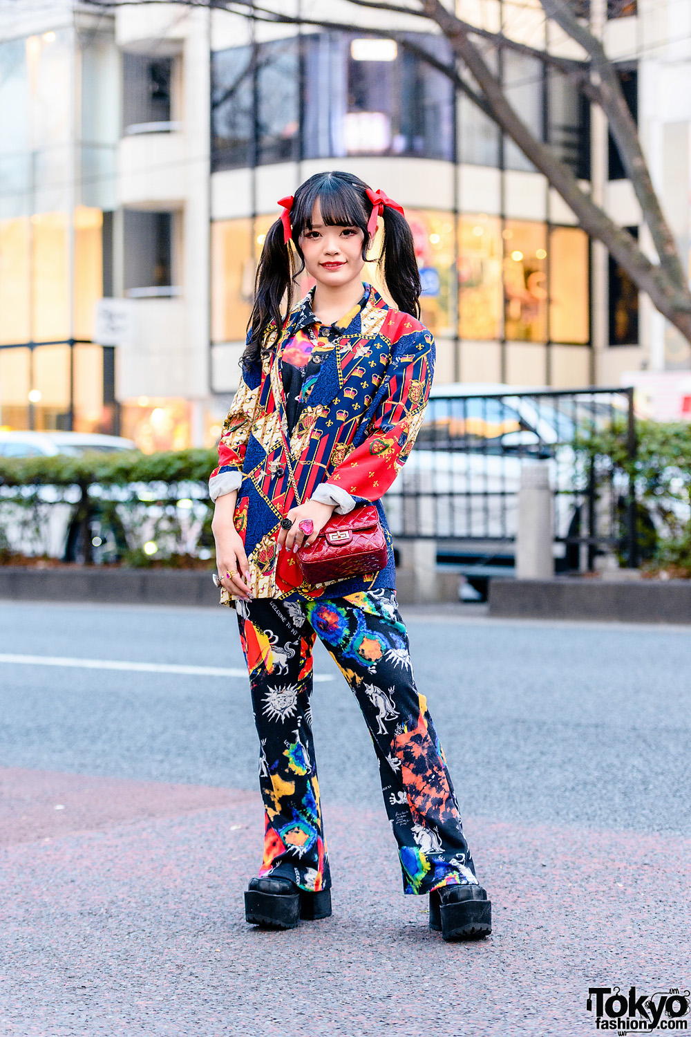 Harajuku Mixed-Print Style w/ Twin Tails, Kobinai Printed Suit, Resale Fashion, Quilted Sling Bag, 6%DokiDoki Rings & Yosuke Platforms