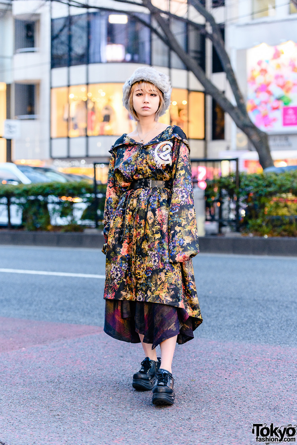 Harajuku Girl in Furry Pillbox Hat, &ellecy Floral Print Coat, Diesel Asymmetrical Dress, Bless & Yosuke