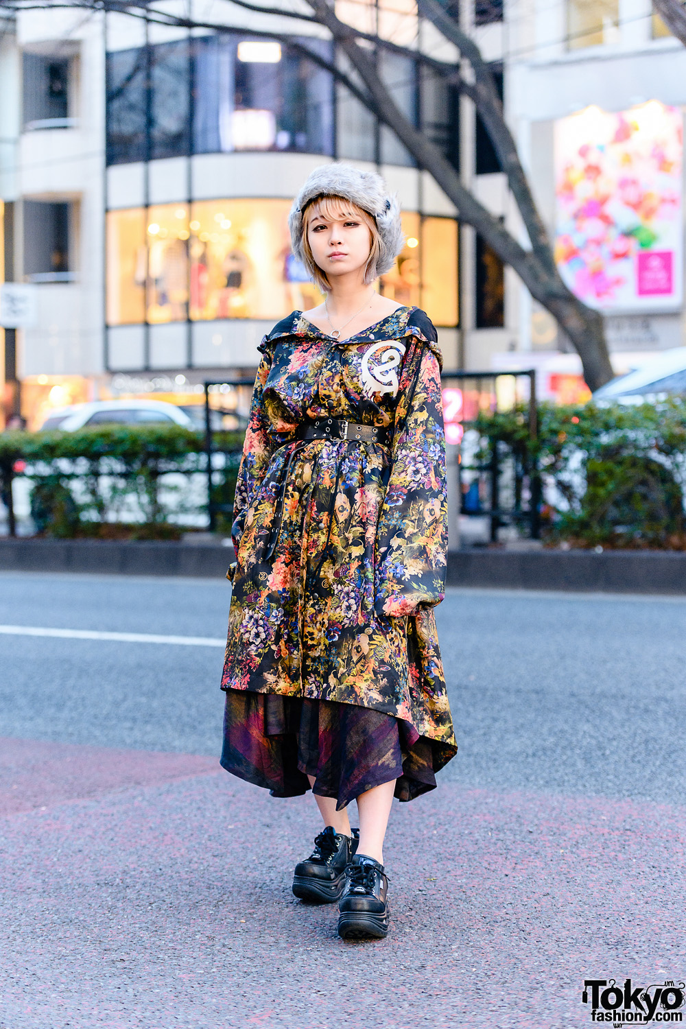 Harajuku Girl in Furry Pillbox Hat, &ellecy Floral Print Coat 