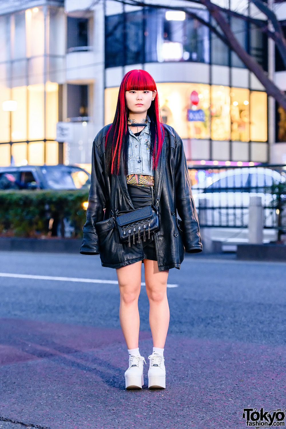Tokyo Leather Jacket Street Style w/ Red & Black Hair, Skeleton Hands Choker, Denim Vest, Crossbody Bag & Yosuke Platforms