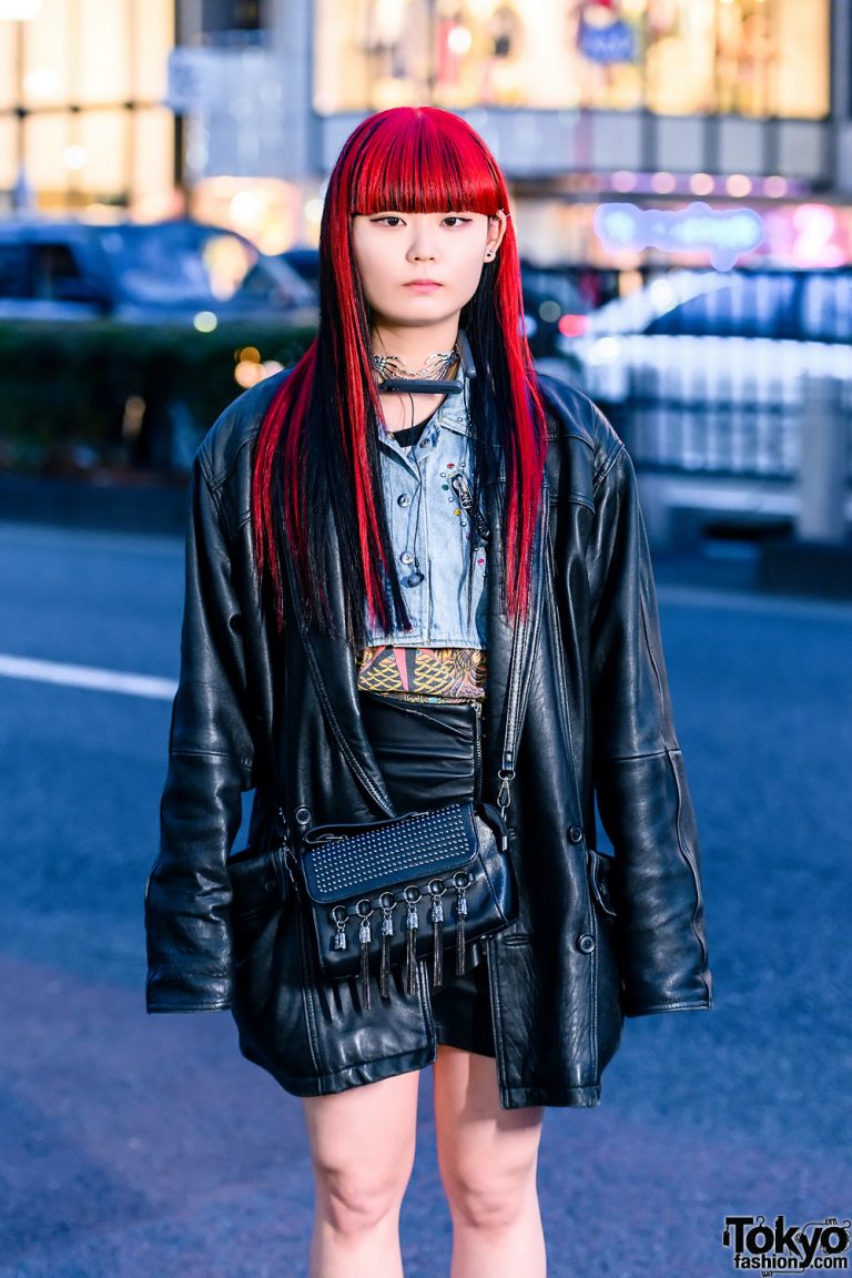 Tokyo Leather Jacket Street Style w/ Red & Black Hair, Skeleton Hands ...