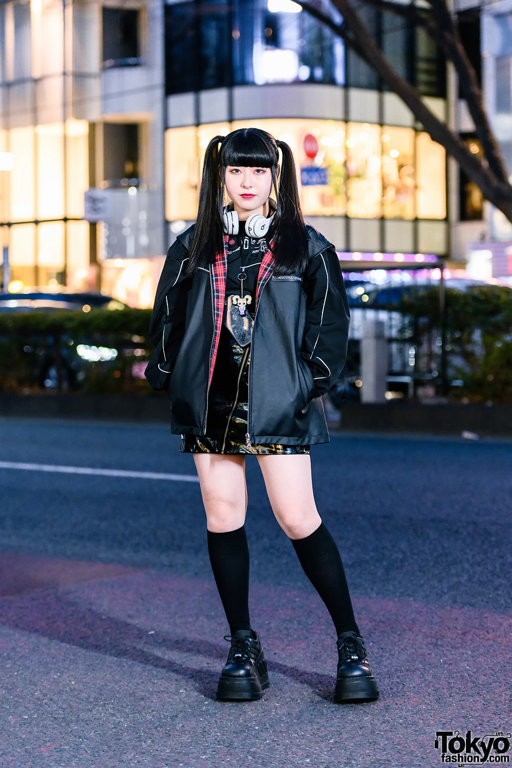 Harajuku Street Style w/ Twin Tails, Headphones, Another Youth Jacket, OZOD, Pleather Skirt, Zara Backpack & Demonia