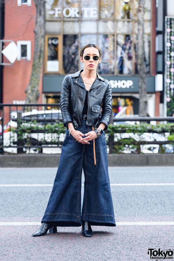 Anrealage Japan Street Style w/ Sunglasses, Beautiful People Biker Jacket, Anrealage Denim Flared Pants & Pointy Leather Boots
