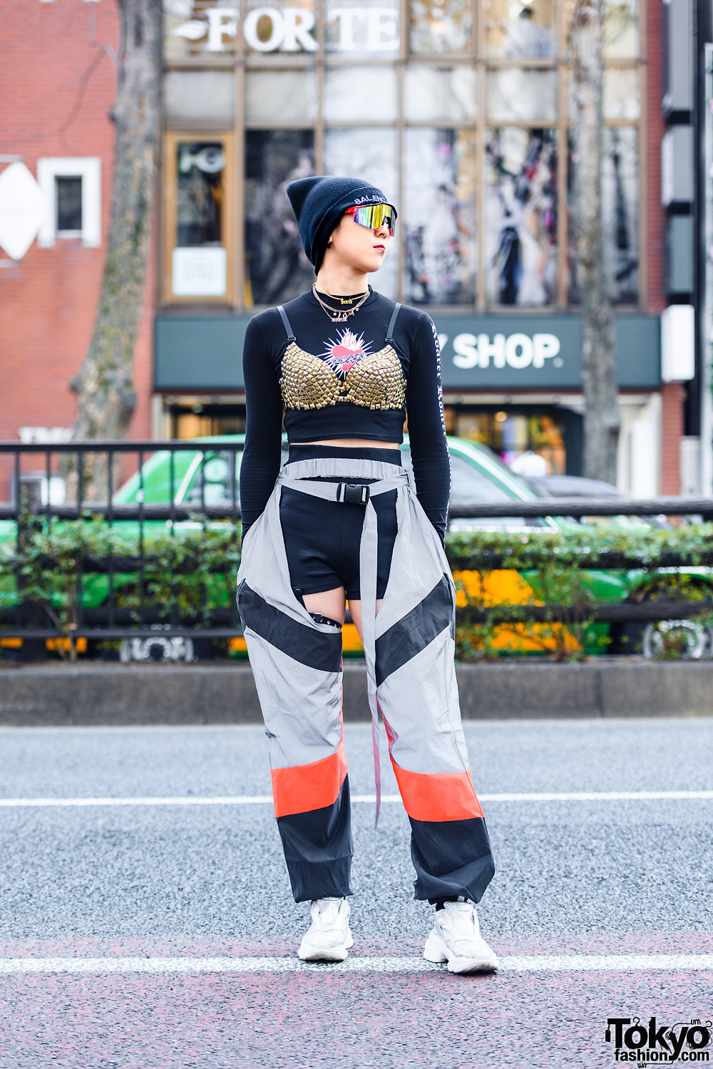 Tokyo Sporty Streetwear Style w/ Visor Sunglasses, Balenciaga Beanie, Pinnap Statement Necklaces, Studded Bralette, Gallerie Crotchless Pants & Jeffrey Campbell Metallic Sneakers