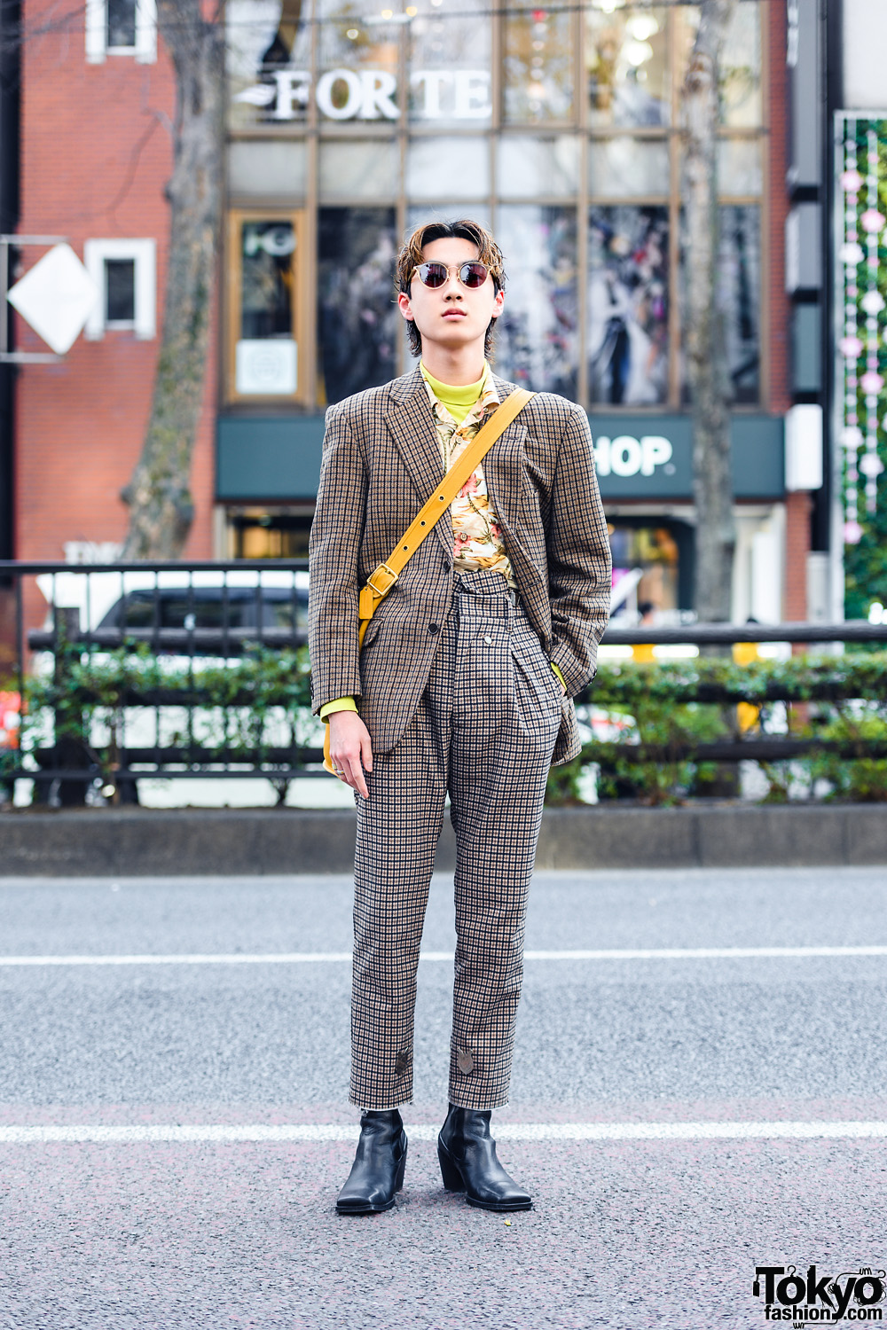 Menswear Street Style w/ Sunglasses, Vintage Rings, Bed JW Ford Checkered Suit, Vintage Coach Bag & Zara Boots