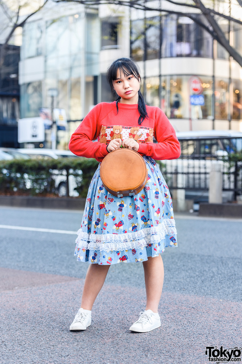 Harajuku Girl's Style w/ Teddy Bear Sweater, Angel Print Ruffle Skirt, Round Handbag & White Sneakers