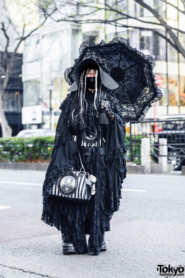 Tokyo Gothic Style in Harajuku w/ Wide Brim Hat, Lace Parasol, Gothic (Rose) Tiered Dress, ReStyle Corset & Bag, Killstar, Noble Noire & Yosuke Boots