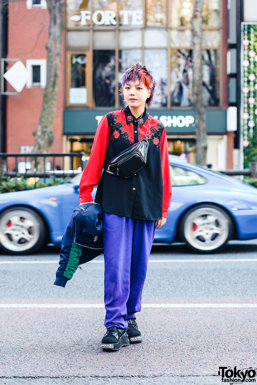 Harajuku Street Style w/ Colorful Pixie Hair, Leather Waist Bag, Tommy Hilfiger Bomber Jacket, Resale Fashion & Mesh Boots