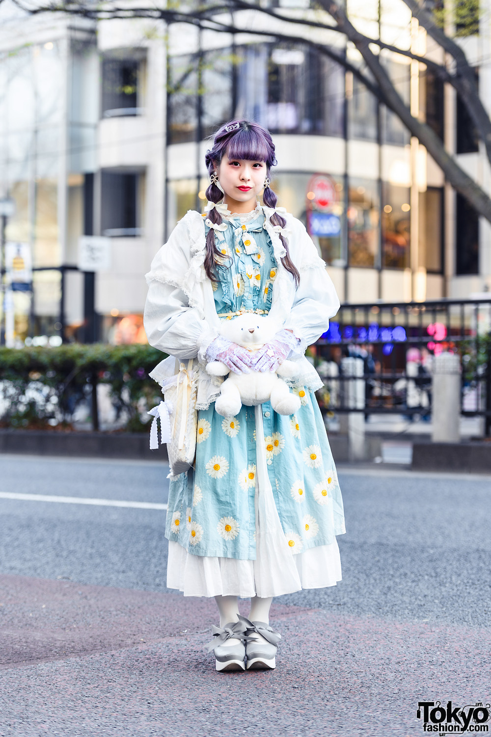 Tokyo Girl Street Style w/ Purple Twin Tails, Paris Kids Tiara, Daisy Dress, Baby Lone, WEGO Teddy Bear & Tokyo Bopper