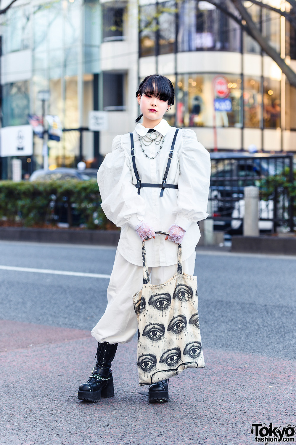 All White Harajuku Street Style w/ Skull Necklace, Leather Harness, (ME) Harajuku Balloon Sleeve Shirt, Kinji Pants, Aloa Harajuku Tote & Yosuke Boots
