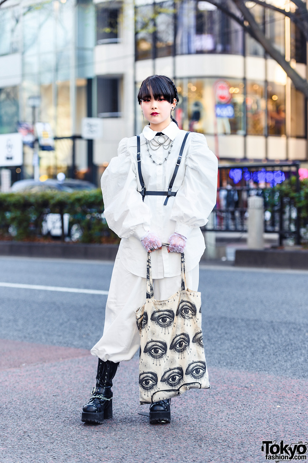 All White Harajuku Street Style w/ Skull Necklace, Leather Harness, (ME ...