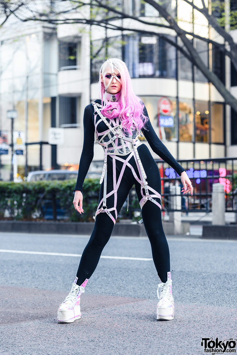 Tokyo Cyber Streetwear Style w/  Ombre Pink Hair, Face Harness, Pink Mask, Wolford Bodysuit, Clear Corset, Handmade Harness & Be Fierce Metallic Boots