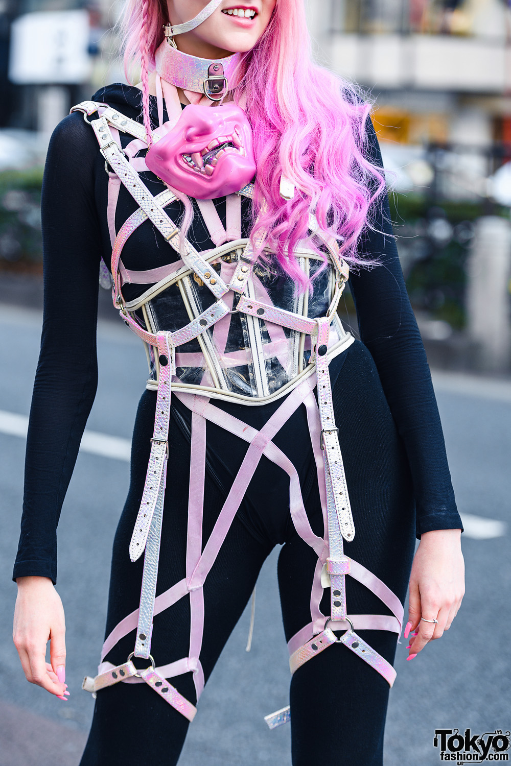 Tokyo Cyber Streetwear Style w/ Ombre Pink Hair, Face Harness 