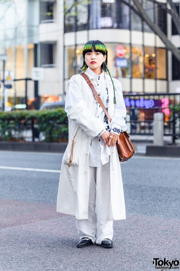 All White Vintage Fashion in Harajuku w/ Green Hair, Belted Coat, Embroidered Shirt, Khaki Pants, Gucci & Toga Strappy Flats