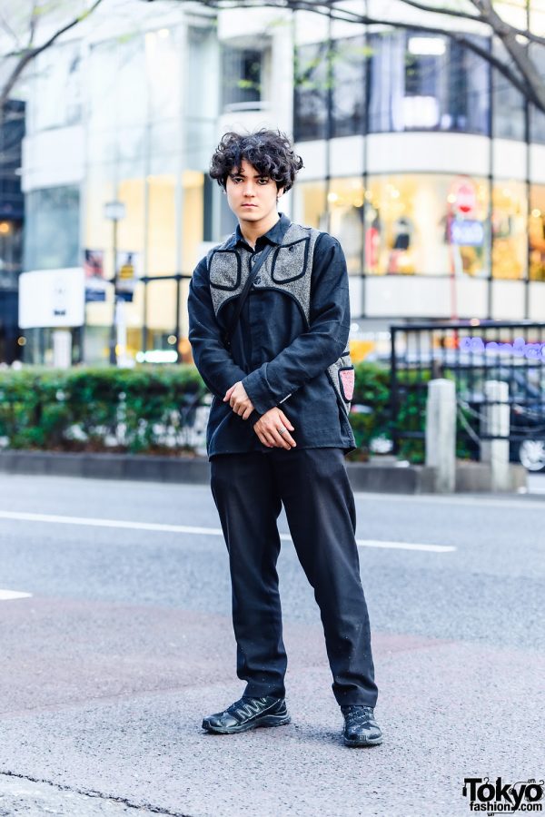 All Black Style w/ Kapital Asymmetrical Vest, Vintage Fashion, Italian Handmade Sling & Salomon Sneakers