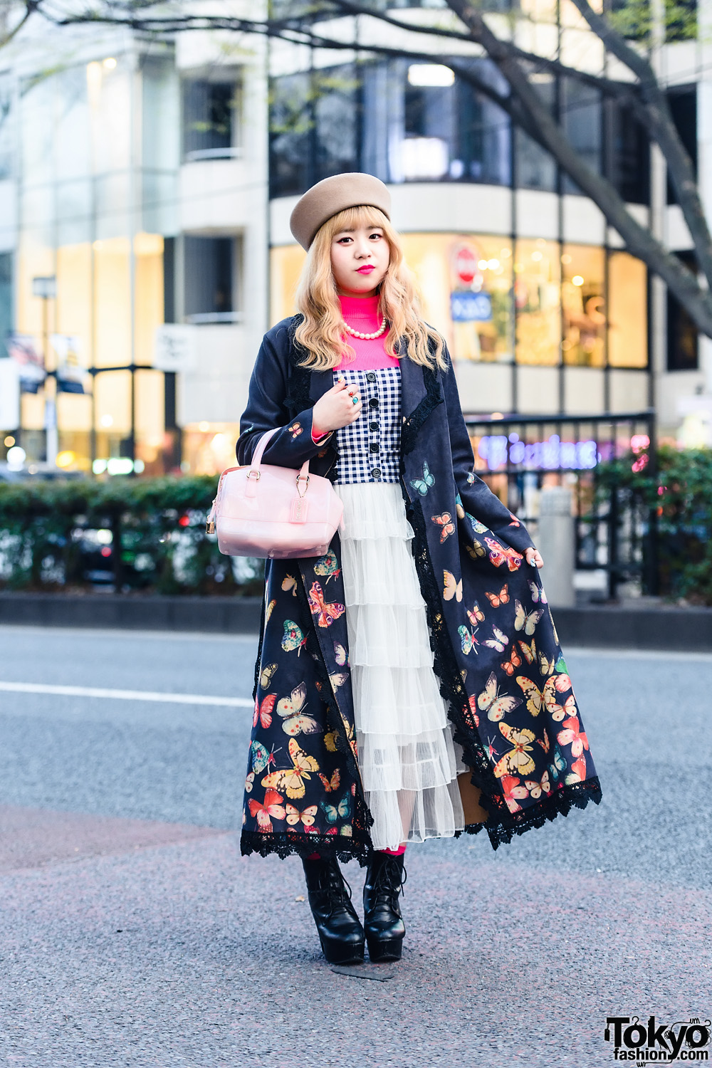 Stylish Look in Tokyo w/ Pillbox Hat, Romantic Standard Butterfly Coat, Zara Turtleneck Top, (ME) Harajuku Tiered Dress, Furla Bag & GRL Platform Booties