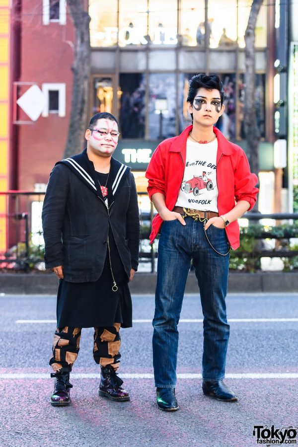Tokyo Street Styles w/ Face Paint, Sailor Collar Jacket, Dry Bones T-Shirt, Tramp Jeans, Dice Lizard Belt, Purple Boots & Leather Boots