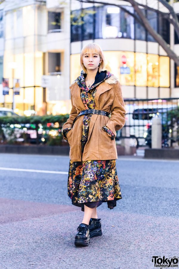 Japanese Streeet Style w/ Suede Jacket, &Ellecy Floral Print Dress, Bless & Yosuke Platforms