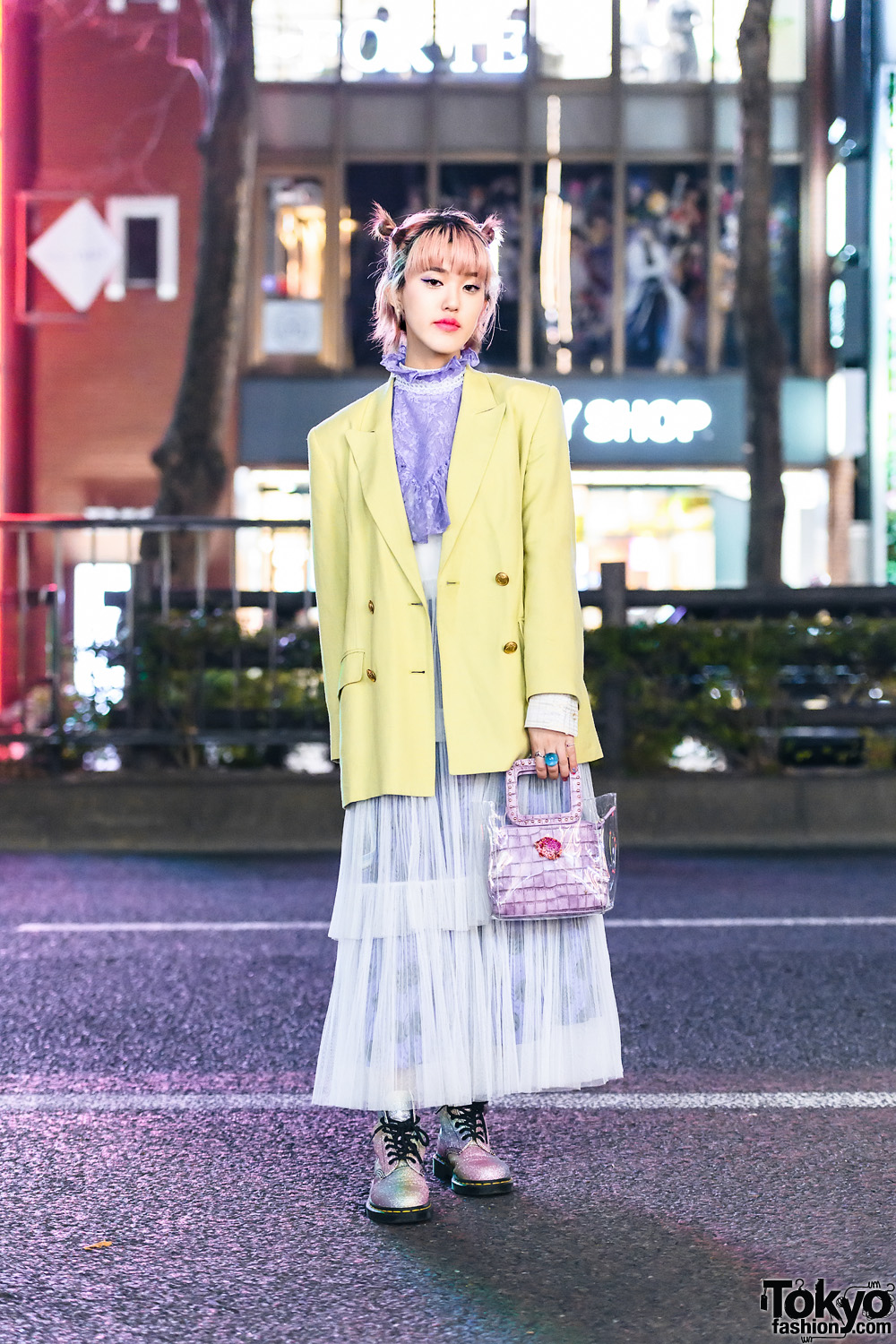 Japanese Street Style w/ Pink Buns, Funktique Blazer, Jenny Fax, Vintage Chloe Sheer Tiered Dress, Yello Handbag & Dr. Martens Glitter Boots