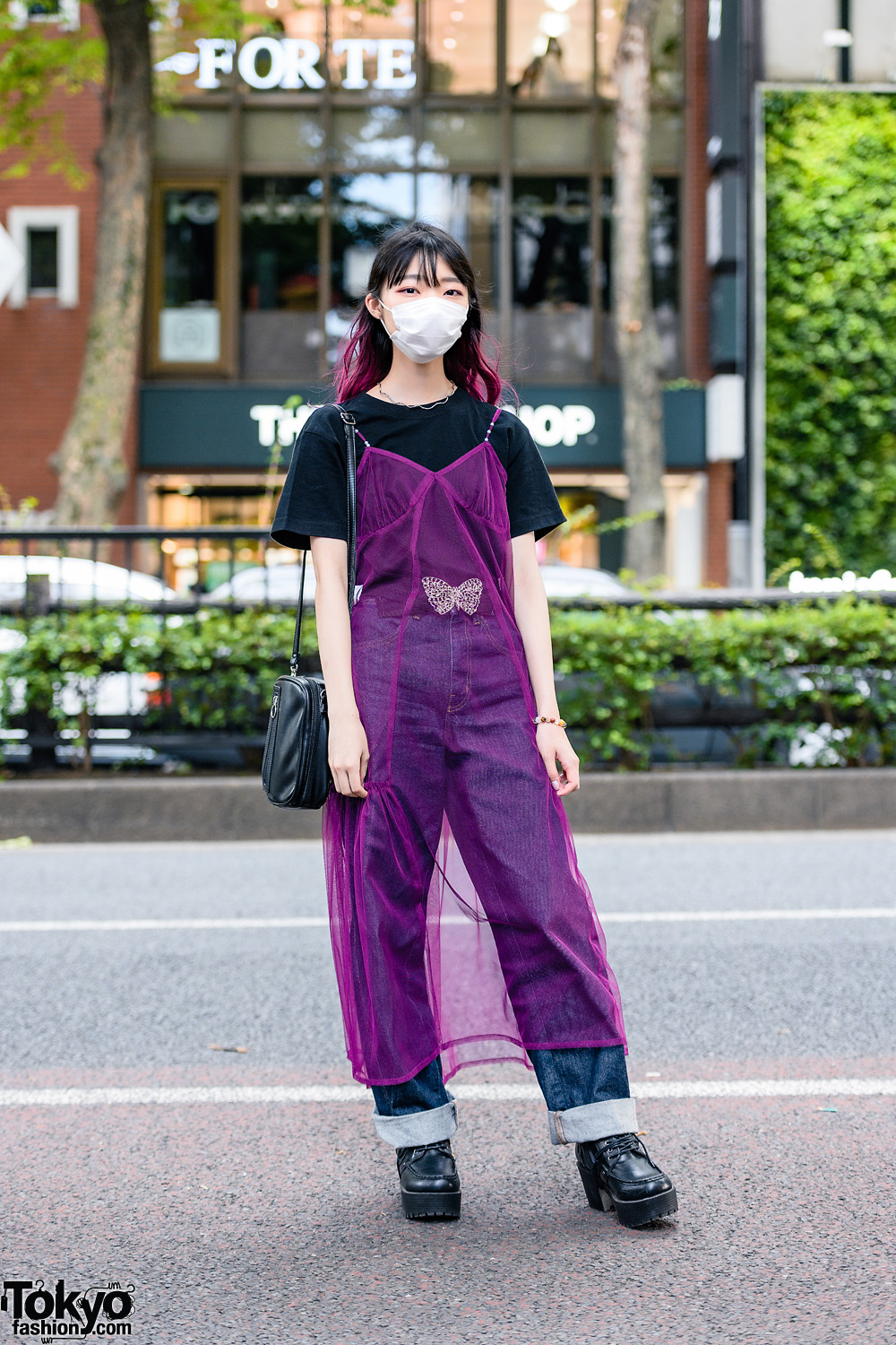 Sheer Tokyo Street Style w/ Purple Hair, Face Mask, Lingerie Dress, UNIQLO Cuffed Pants & Yosuke Platform Shoes