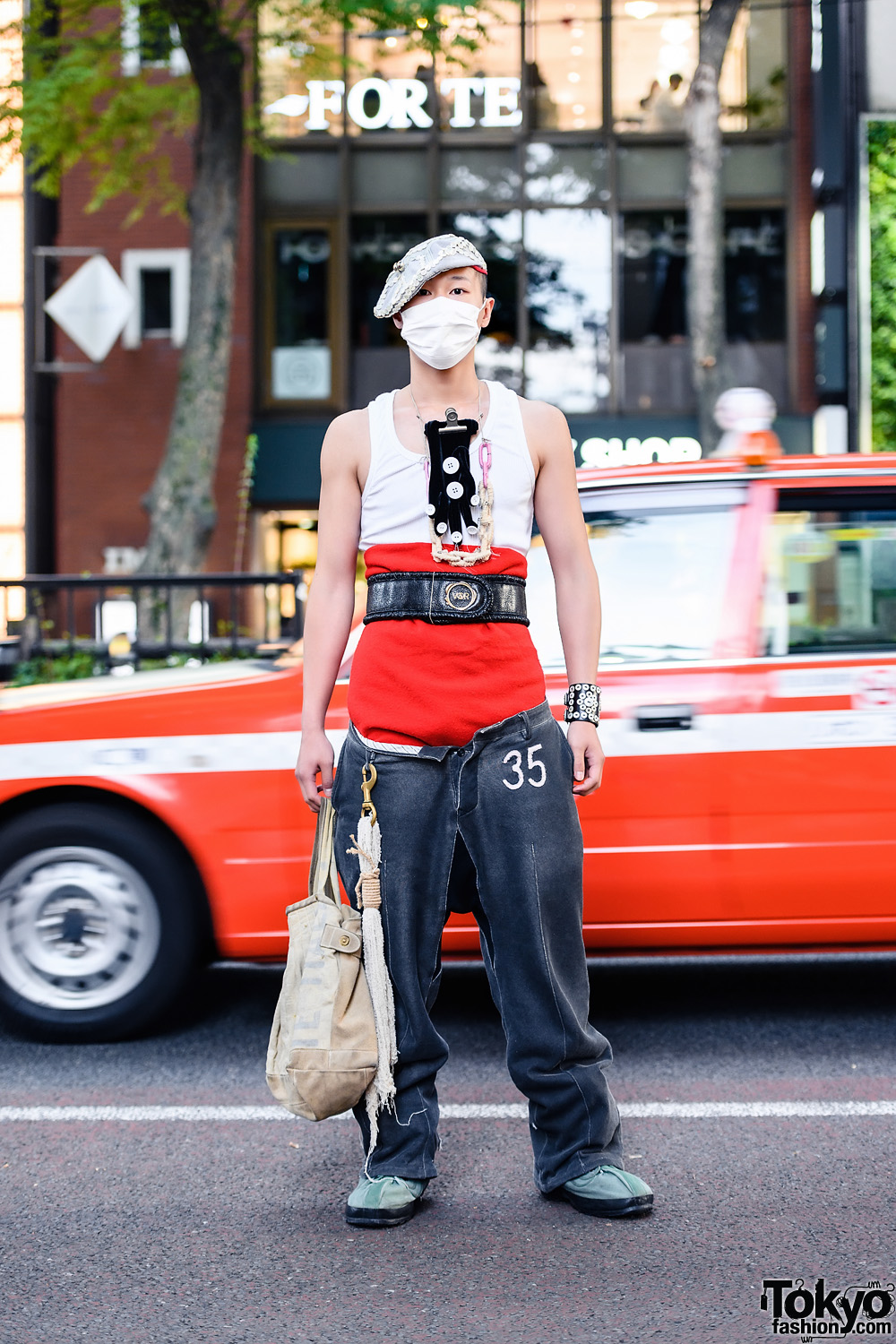 Japanese Streetwear Style w/ Button Beret, Jean Paul Gaultier Top, Taishi Nobukuni, Robe De Chambre Comme des Garcons Pants, Handmade & Vintage, Aska Masuda & 70s US Army Boots