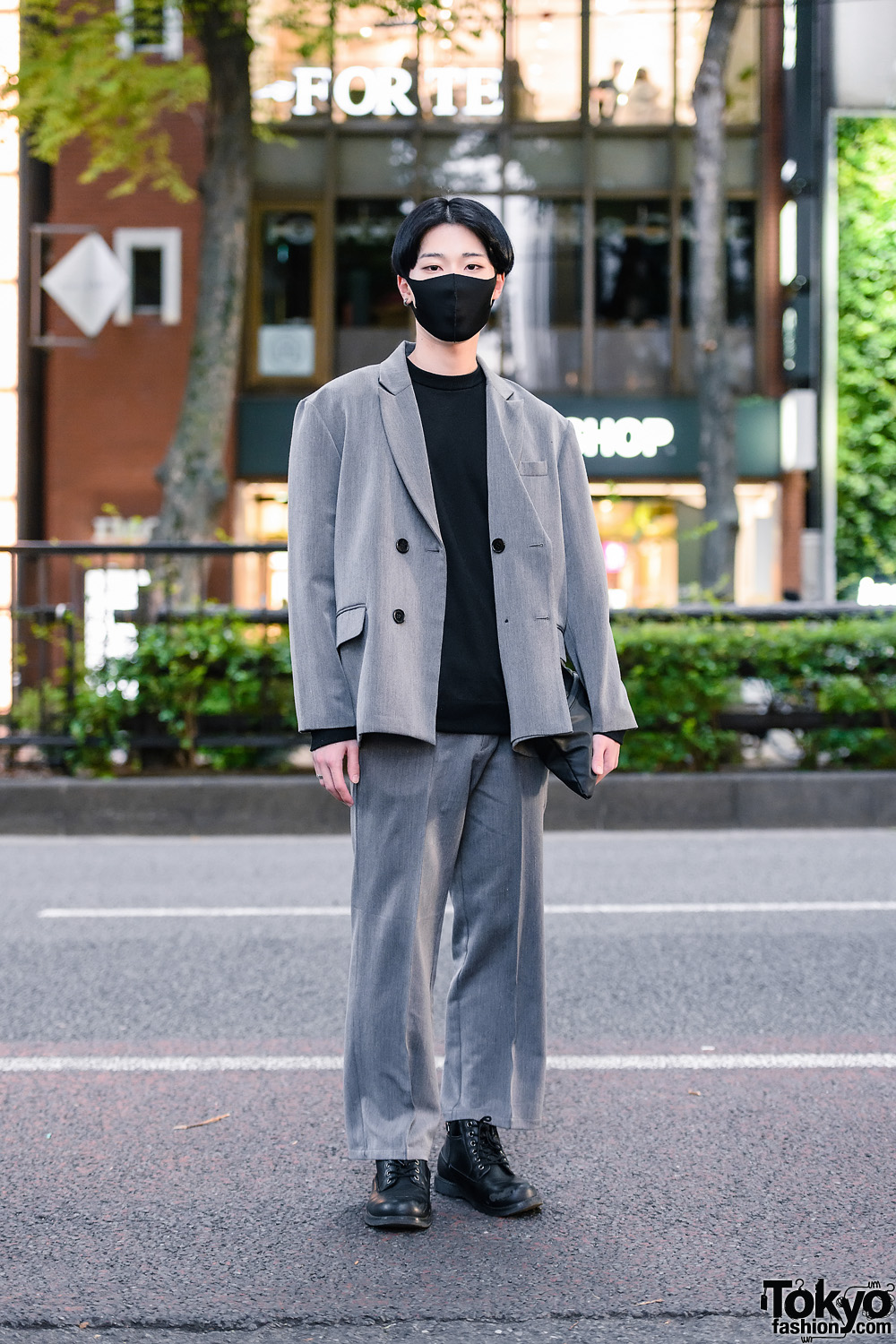 Harajuku Menswear Suit Style w/ Face Mask, Double-Breasted Blazer, Sweater, Clutch and Leather Boots