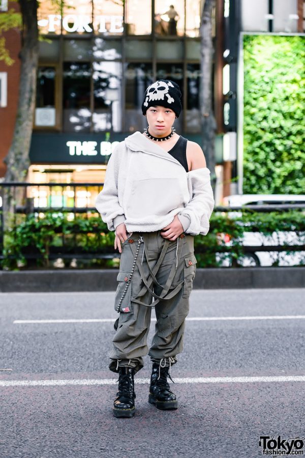 Tokyo Guy’s Streetwear Style w/ Skull Beanie, Nike Asymmetrical Jacket, UFO Cargo Strap Pants & Dr. Martens Boots