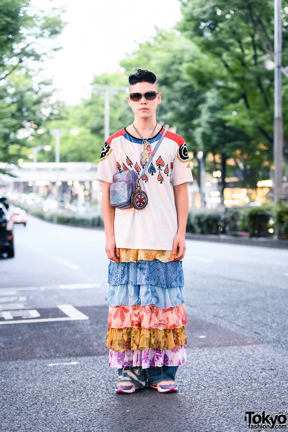 Harajuku Street Style w/ Sunglasses, Layered Necklaces, Head T-Shirt, Vintage Tiered Skirt Over Ripped Jeans, Black Means Coin Purse & Nike Sneakers