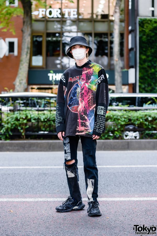 Cote Mer Graphic Streetwear Style w/ Bucket Hat, Face Mask, Patchwork Sweatshirt, Ripped Pants & Balenciaga Chunky Sneakers