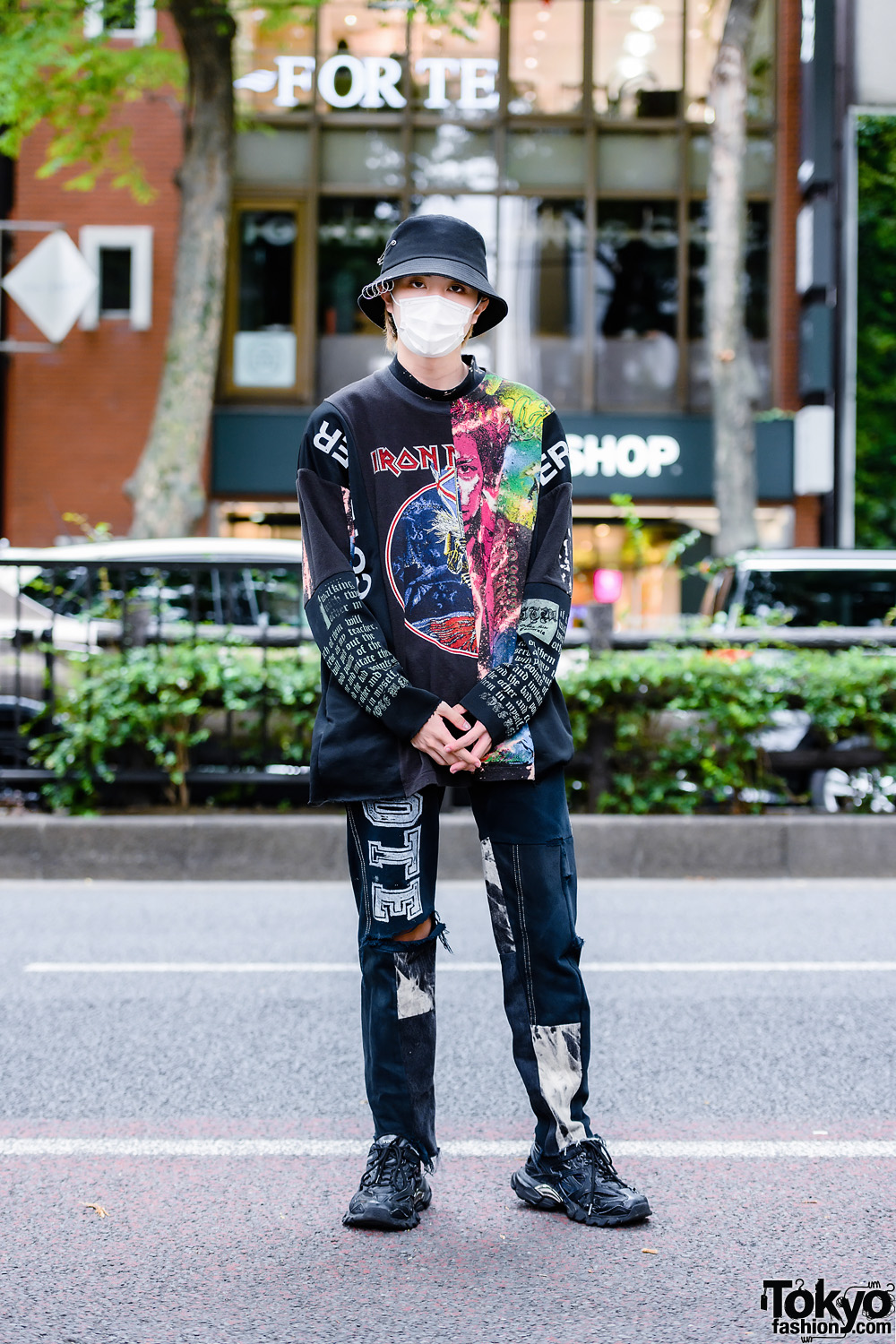 Faktisk Staple revidere Cote Mer Graphic Streetwear Style w/ Bucket Hat, Face Mask, Patchwork  Sweatshirt, Ripped Pants & Balenciaga Chunky Sneakers – Tokyo Fashion