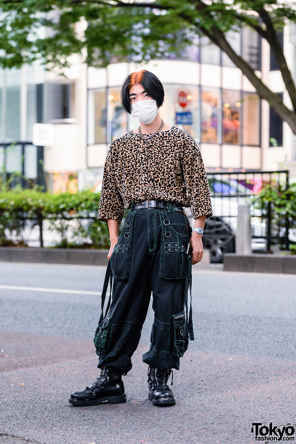 Harajuku Guy's Streetwear Style w/ Face Mask, Chain Necklace, Vintage Leopard Shirt, Tripp NYC Strap Pants & Harley Davidson Boots