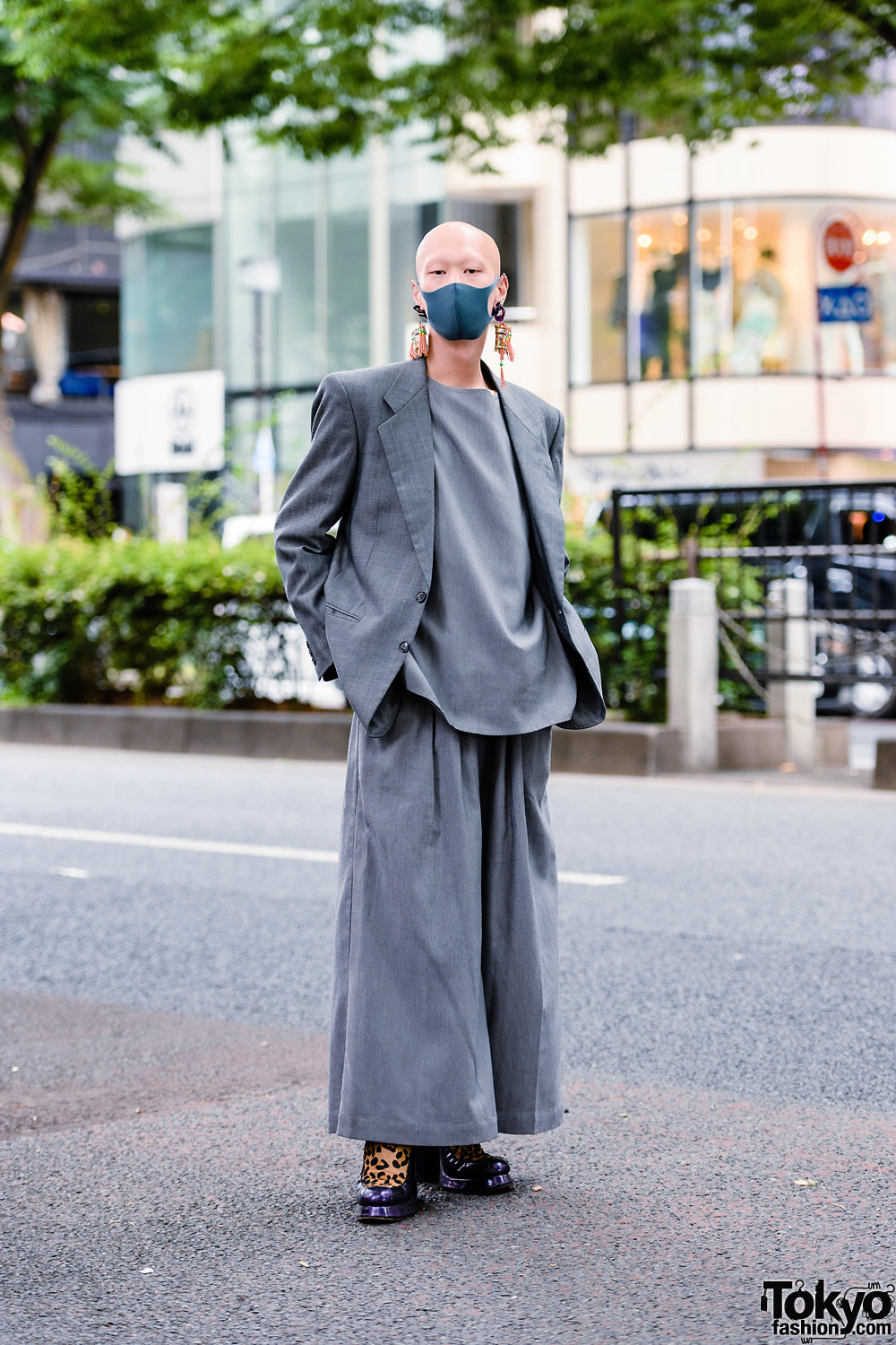 Japanese Model/Musician/Actor in All Gray Streetwear Style w/ Bull Horn Snail Earrings, Handmade Tassel Earrings, Keisuke Yoneda Wide Leg Pants, Balenciaga & Shinya Yamaguchi Leopard Shoes